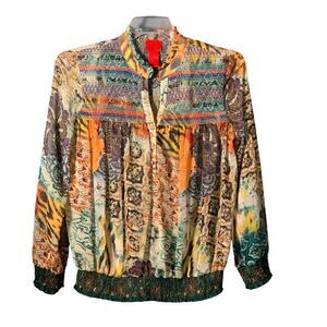 V Christina Size Medium Colorful Blouse Retro Sheer Top V Neck Boho Smocked
